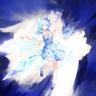 Anime girl with blue hair and wings flying in the air, cirno touhou, cirno from touhou, cirno, from touhou, an anime portrait of cirno, touhou character, Anime fantasy illustration, zerochan art, beautiful fantasy anime, anime in fantasy style, ethereal anime, Anime fantasy artwork, Dragon girl, Epic anime style, Anime epic artwork