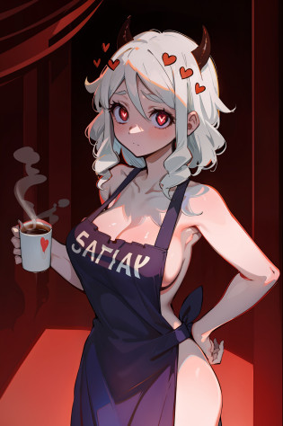 best quality, masterpiece, best shadow, shade, beautiful lighting,  modeus with heart shapes and heart shaped pupils, coffee shop, night, colored lights , (naked apron:1.1)