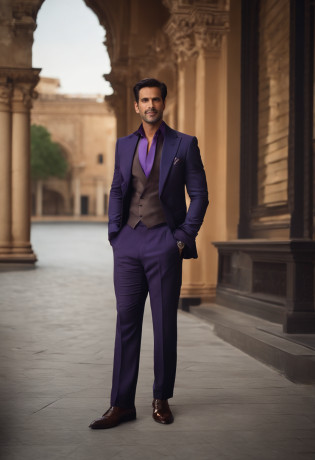 Elegant man, in his 50s, mature, dark black hair, short straight hair, hair up to neck height, orange eyes, black eye patch, gray social blouse, dark blouse underneath, purple scarf on tie, gray social pants, black social shoe, ivory colored cane, smiling discreetly, muscular man,  Scenery abandoned city, wreckage, beautiful man, character standing with arm Crossed, dark hair (neck length hair tied in a ponytail), nice pose, handsome man, Indian Turban man, Full body, Full body shot, Legs crossed, Shinning shoes, pretty face, Side pose, royal elegant pose, business man, (in a striped blazer), (The surrounding environment is a luxurious and classic living room) (sand tone image)