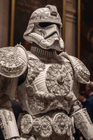a stormtrooper at met fashion gala 2020, suit, in the style of exquisite black and white engravings, rtx on, john tenniel, made of plastic, meticulous design, ornate detail, exaggerated anatomy