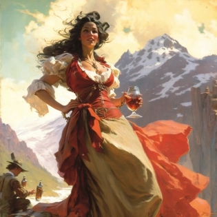 Full body, high class society woman, beautiful dress, French style dress, long wavey hair, drinking wine, people in the background, high resolution, hyper realism, oilpainting, painting by frank frazetta, mountains in the background, mountains painted by Albert bierstadt