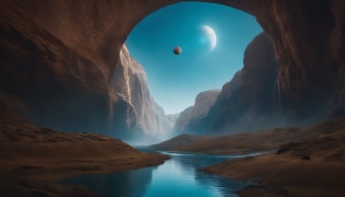 A quiet canyon?There is a wide river in the center?Above the canyon?Several futuristic style drones fly in the air?A transparent crystal ball floats in the middle of the river?The inside is filled with blue liquid?An alien spaceship is docked at the edge of the canyon?Several blue aliens communicate with humans?In the sky in the distance?Several planets of different colors can be seen?