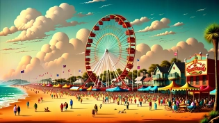 masterpiece, illustration , epic long shot, Santa Cruz Beach Boardwalk, Carnival, Roller Coaster, Farris Wheel, Beach, Carousel, 16k, UHD, HDR, (Masterpiece:1. 5), (best quality:1. 5)