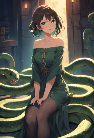 tmasterpiece?Best quality?HighestQuali?cinematic Film still from?darkly?darkly?Very dark?Solo?(medieval times:1.35)?(The upper part of the body:1.2)?A woman who is?Wear only an off-the-shoulder maxi dress and a gemstone necklace and black stockings?(Many large snakes in the back:1.3)?depth of fields?Pitch black background