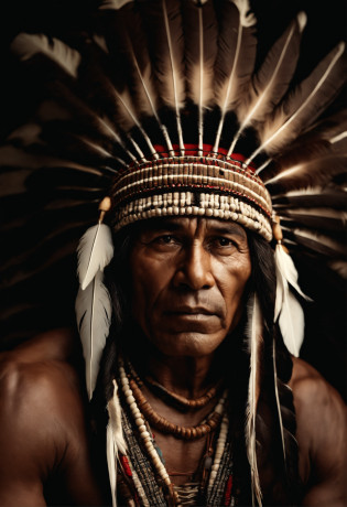 Hyperrealistic cinematic image of a native Indian with feathers on his head, Arte nativa americana, Indian warrior, Nativo americano, Guerreiro nativo americano, Arte nativa, Um guerreiro nativo americano, indigenous man, eagle feather, Guerreiro habilidoso do Apache, warrior spirit, american indian headdress, indigenous art, : native american shamen fantasy, Indigenous, native american folk art, Fotografia de arte indianarrealista, fotografia, obra-prima, realista, Realismo, renderizado, Alto contraste, digital art photographyrealistic trend in Artstation 8k HD high definition detailed realistic,  detalhado, textura da pele, hiper detalhado, textura de pele realista, armadura, melhor qualidade, ultra high-resolution, (fotografiarrealista: 1.4), alta resolu��o, detalhado, Calado bruto, sharp re, por lee jeffries Nikon D850 Filme Fotografia de Stock 4 Kodak Portra 400 Lente F1.6 Rich Colors Realistic Texture Dramatic Texture Dramatic Lighting Irrealengine Trend on Artstation Cinestill 800