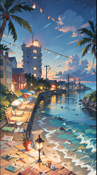 Seaside town, beach, night