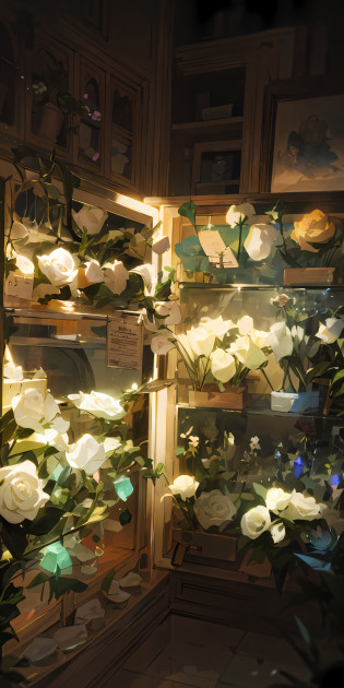Lots of flowers in the fridge on the shelf, roses in cinematic light, flower shop scene, more and more flowers, nature and floral aesthetics, i dream of a vase flowers, Blooming flowers, beautiful flowers and crystals, Glowing flowers, Lots of flowers, Magical flowers, beautiful aesthetic, with frozen flowers around her, Beautiful flowers, a few roses, flowers blooming --auto