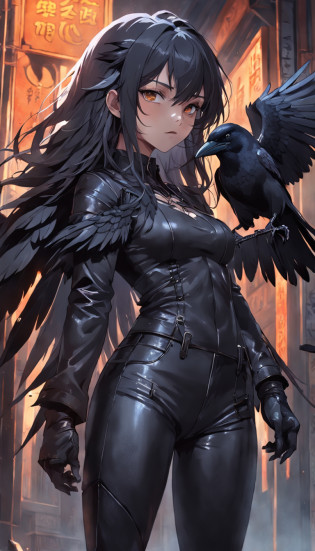 masterpiece, best quality, movie still, 1girl, monstergirl, crow woman, full body, portrait, detailed (eyes), long (hair), perfect body, proportional body, crow|raven wings, deep look, wearing (leather pants:2), close-up,  cold soft lighting, sunset, (aura:0.7)