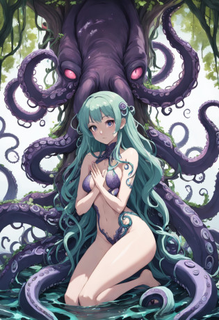 Tentacle demon tree, tentacle tree, plant tentacle, binding, devouring goddess, magic, tentacle trunk inlaid with a beautiful woman, inlaid with a woman kneeling in the tentacle tree fused with the demon tree, covered with tentacles, fine details. Anime. Tentacles, tentacles surrounding, wrapped around colored tentacles, some tentacles touching her, huge greasy tentacles and eyes, many sucked tentacles. Hybrid, biomechanical Oppein, many tentacles, densely packed tentacles, mucus and tentacles, twisted tentacles