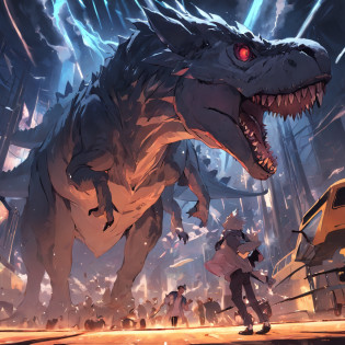 Dinosaurs carry wolves?Museum?nigth?Open your mouth?irate?And the bus in one picture?Collision with a bus?strike?The action is exaggerated