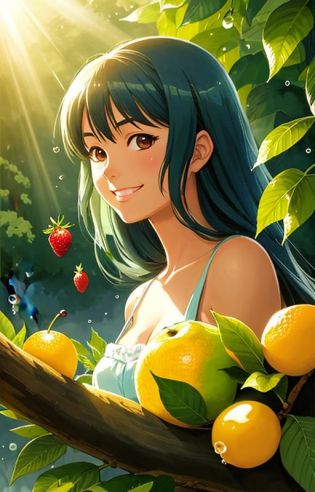 very cute girl appealing anthropomorphic chery,looking at the viewer,big grin,happy,fruit,berry,droplets,macro,sunlight,fantasy art,dynamic composition,dramatic lighting,epic realistic,award winning illustration,anime,carton,art by Osamu Tezuka,