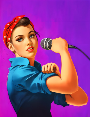 Poster of a woman with a red bandana and a blue shirt, strong woman, holding a microphone pointing towards her face, violet polsangi pop art, we can do it poster, regal and proud robust woman, feminism, feminist art, anime rosie the riveter poster, pin-up poster girl, by Susan Heidi, by Hugh Hughes, ( art fitzpatrick ), by Loren Munk, inspiring art