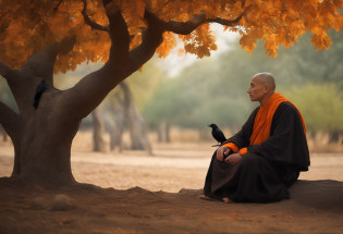 Realistic image of a monk centered under a tree: the monk is a wise lord and talks to a very sad crow, the crow is on a tree branch and the monk sitting under the tree;. Average image zom.