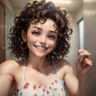 There is a woman with curly hair smiling in a bathroom, short curly dark hair smiling, smiling happily at the camera, beautiful and smiling, curly hair, messy curly hair, curly, she is smiling, she is smiling and happy, very silly looking, headshot profile picture, po, insane smile, curly hair, very slightly smiling