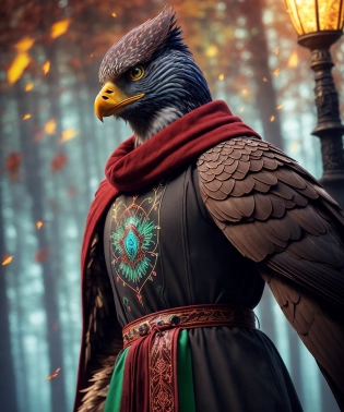 magical autumn forest, eagle hunter, gravel path, red intricate ornamented robe, humanoid body, blue green glowing neon runes, low angle (close-up:1. 1) shot, highly detailed eagle head, intense glowing eyes, realistic photograph, reflections, lamp post, dynamic pose action shot, fireflies, hybrid eagle human