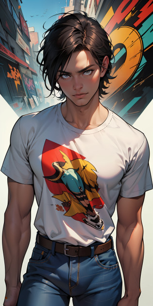 ::based on dc comix's warworld illustration, by brandon peterson e will conrad:: ::based on dc comix's warworld illustration, by marc silvestri:: powerful male hero with futuristic outfit, based on warworld illustration from dc comix, (beautiful and clear background:1.2),, fantastic paintings ,graffit style, olhos altamente detalhados , a white t-shirt or tatoon stamp ,  ultra detailed hair, masterpiece, best quality, high quality, highres, detail enhancement, ((most beautiful image in the world)), masterpiece, best quality, high quality, highres, detail enhancement, ((most beautiful image )),with short, shiny black hair,  t-shirt, wearing jeans,, art by stjepan sejic, art by j scott campbell, art by guillem march, art by citemer liu, 4k, high resolution, comic book character, comic, high quality detailed,   style ::2.0 comix illustration style,tatoon style, high quality, highres, detail enhancement, 8k, hd, best quality, high quality, highres, detail enhancement, 8k, hdr, sharp focus, ultra detailed, perfect lighting
