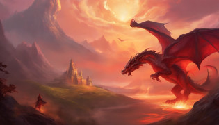 Painting of volcanic territorial border and red dragon in the sky, battle with dragon, dungeons and dragons art, epic fantasy art, epic fantasy game art, d & D Arte Digital Fantasia, Epic Fantasy Digital Art Style, Dungeons and Dragons Arte de fantasia, d & d fantasy art, epic fantasy painting, d & d fantasia pintura digital, surpreendente d & D arte