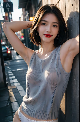(Show underarms?A hyper-realistic?Armpit?Detailed armpit wrinkles?Detailed armpit pores?Realistic armpit skin?Black armpit skin?Black armpits?gazing at viewer?smil?Turn your whole body to the viewer?Show both armpits?White very small sexy panties?Stand in the city?In town?in a street), (illustratio), (hight resolution), (8K), (ighly detailed), (The best illustrations), (armpit pose?beatiful detailed eyes), (top-quality), (ultra-detailliert), (?masterpiece), (wall-paper), (????), (A smile?((40 years,red lipsticks,femele,Show realistic armpits))?Brown hair,short-hair,((Woman in dark blue sleeveless sweater and very small white sexy panties, japanes,