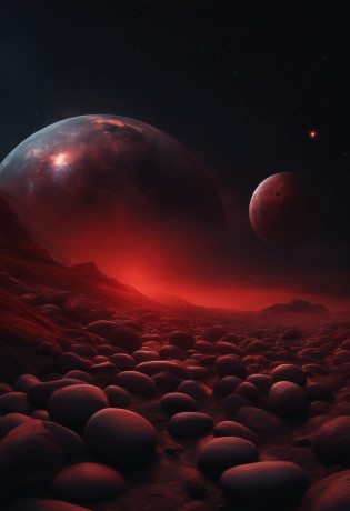 another planet images like Avengers infinity war, red and black texture, with glowy dark sky,  pebbles flying around for no gravity,