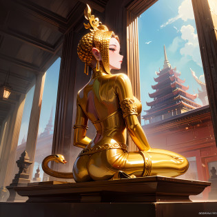 there is a statue of a golden Snake on top of a building, a Buddhist Buddha, taken with sony alpha 9, taken with a Sony A7R camera, a statue, Photo taken with Sony A7R, Buddha, Photo taken with Sony a7R camera, taken with sigma 2 0 mm f 1. 4, Beautiful image, thai temple, statue, dark milky way at the background, stunn, surrealism, Cinematic lighting, god light, back lit lighting, Textured skin, Super detail
