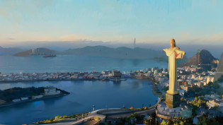 Alafid view of the statue of Jesus overlooking the city and water, Christ the Savior, Christ the Savior, Rio de janeiro, rio de janeiro in an anime film, beautiful panoramic imagery, Amazing view, author?Bernard Meninski, in a panoramic view, panoramic widescreen view, stunning view, author?Xavier Bloom Pinto, high quality image�, author?Joseph Werner