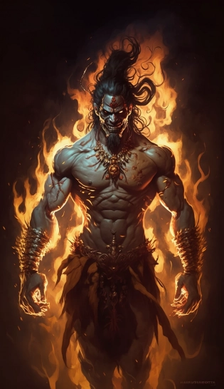 Lord Shiva, Indian mythology, one piece character, symmetric body, wielding a trishula, full body, extremely detailed, cinematic lighting, high contrast, artstation, character concept art, 8K:: background flames --q 2 --v 4 --stylize 600 --ar 9:16 --s 750 --v 5. 1