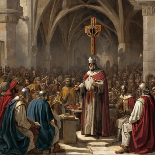 A imagem retrata St. Bernardo de Claraval, um santo antigo, in a speech to the Knights Templar in medieval times. St. Bernard is portrayed as an old man, Appearance wise and serene, wearing a religious habit typical of medieval times.

he's standing, in a prominent position, on a raised platform or makeshift pulpit, so that all may see and hear Him clearly. In his left hand, ele segura uma cruz grande, symbolizing their Christian devotion and faith. A cruz pode ser detalhadamente esculpida e adornada com ornamentos dourados ou prateados.

St. Bernard addresses his address to the Knights Templar, that are positioned in a nearby formation. They are depicted wearing full medieval armor, with its distinctive features, Like the Templar cross on its shields and robes. The Knights Templar are listening intently, showing respect and reverence to the saint.

The surrounding setting is set in a medieval room or chapel, with architectural details characteristic of the time, as Gothic columns, vitrais coloridos e elementos decorativos em pedra. The lighting is soft, vindo de janelas altas, casting a soft glow on St. Bernard and the Knights Templar.
