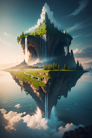 Create a landscape painting depicting a contradiction within an infinite world. Imagine a vast and endless expanse, where the boundaries of reality seem to stretch into eternity. Within this limitless realm, portray a striking contradiction�a waterfall flowing upwards, a floating island defying gravity, or a tree bearing different seasons on its branches simultaneously. Capture the surreal juxtaposition of elements that defy the laws of nature and logic within the backdrop of an infinite world. Convey the sense of wonder and bewilderment that arises from witnessing this impossible contradiction in an otherwise boundless and uninterrupted landscape.