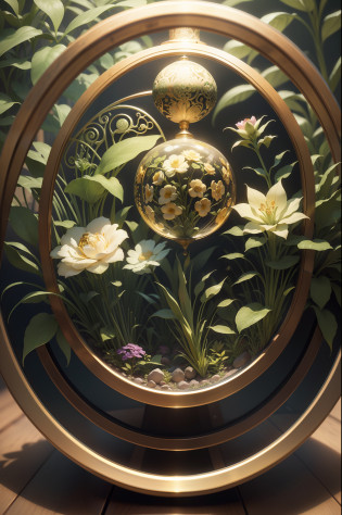 Drawing of a circular frame with a bouquet of flowers, graphic of enchanted terrarium, art nouveau ink illustration, National style?China-style?Auspicious clouds?Art Nouveau alien phytophyt, detailed linework, nature illustration tattoo, line art illustration, perfectly detailed linework, art nouveau jungle environment, highly detailed linework, intricate details illustration, art nouveau botanicals, art nouveau illustration, Close-up of gold watch of intricate green faces of plants, detail render, Rendered in V-Ray, rendered in povray, Close-up Shot Shot, high-detailed rendering, gold watch, rendered in vray, Rendered in Cinema4D, rendered in cinema 4 d, super detailed render, highly detailed render, 3ds max rendered, semi - realistic render
