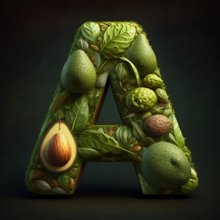 The letter A made of avocado texture, a fluffy 3D, blender and unreal engine, high quality, volumetric lighting --s 750