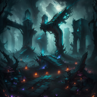 Amid a desolate and gloomy landscape lies a place that seems to have been consumed by chaos. Highlights include the ruins of an ancient structure, now in rubble and covered in moss. The shadows that hang over the place are intense and oppressive, creating an atmosphere of despair and loneliness.

From the top of the wreckage, blue shadows of a phoenix, a mythological creature known for its rebirth through fire, emerge. These shadows dance in the air, emitting a faint light, like burning embers, as they move in chaotic patterns. The blue glow that emanates from them is a reminder of the splendor and majesty that this mythical being used to represent, now distorted by the dark context.

All around, gnarled, lifeless trees stretch out, with branches that look like claws ready to grab any being that ventures by. The wind whispers sadly between the logs, creating a sinister and lurid melody. The sky is shrouded with heavy black clouds, as if the sun and hope had been banished from this place.

This destroyed environment is a symbolic reflection of the chaos and ruin that has plagued this once-thriving place. The presence of the blue phoenix shadows underscores the idea of a distorted rebirth, of an eternal cycle of destruction and despair. It is a place where hope is only a distant memory, and the predominant feeling is that of abandonment and desolation.