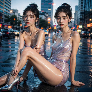 Random posture, (An extremely delicate and beautiful work), (masterpiece), 1girls, Girl in shiny transparent dress, high-detail, Leaky waist, ponytail contorted, A charming expression, beautiful and clear eyes, Fine brown pupils, delicate necklace, delicate earrings, simple blurred background, extreme detail description, Beautiful, charming, ultra-fine painting, Subtle delicate face, Subtle shape, fine., Fine collarbones, lovely lips, Fine beautiful breasts, Soft, fine back, mix4,(10, RAW photo, bestquality, masterpiece:1.2), (Realistic, photo-realistic:1.37),1girls,kawaii,city scape, nighttime, It's raining, wet, Professional lighting, photons mapping, radiosity, Physically Based Rendering,(Beautiful small hard:1.3),(Saw the head nipples on the dress.:1.4),(glossy:1.5),(transparent:1.3),purple hair.Full body, Fine thighs, Fine white knees, Fine glass shoes
