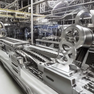 A fascinating real view of an advanced production line, where complex machines are creating custom products with precision and efficiency, showcasing intricate details of gears, sensors, and connections, High-tech environment with cool, metallic lighting, emphasizing the precision and modernity of Industry 4. 0, Realistic sculpture, sculpted in metal, with a solid base to convey the solidity and strength of modern manufacturing,