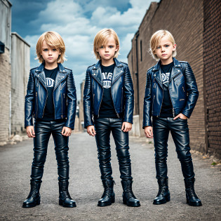 three children in leather jackets standing in front of a petroleum blue background, leather clothes, leather clothes, Next Gen, fancy leather clothes, leather jackets, leather clothes and boots, dressed in biker leather, Chucky style, leather robes, blue and black color scheme)), wearing leather, blue and black,  Young thief of blonde boy costume, very intense, tight leather clothes --auto --s2