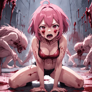 Girl with pink hair holding on to her stomach, Looking at the camera in surprise, Blood oozes from under his hands, Kneeling, blood comes from the mouth, Surprise and pain, is looking at the camera, latex tank top and shorts, bullet wound to the abdomen, Blood gushes from his mouth and wounds on his stomach, Young girl killer dies on her knees, gloomy atmosphere, Cruelty, ?, Snuff Video, blood splatters from the mouth, surprise and pain on the face
