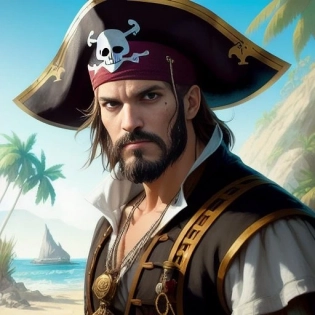 pirate, manly, (full body), white shirt, golden amulet with a skull on the neck , pirate hat with a feather on the head, detalized face, (focus eyes), the pirate is on an island and there are lots of palm trees around, highly detailed, digital painting, artstation, concept art, matte, sharp focus, illustration, art by artgerm and greg rutkowski, 8k