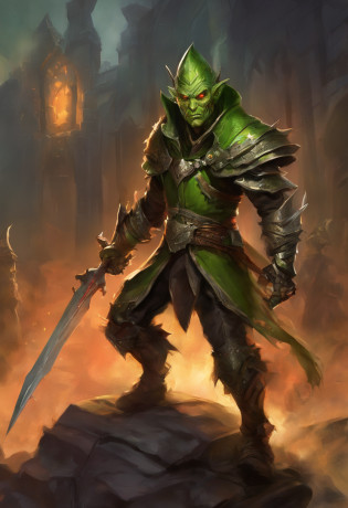 a 3-foot-tall green goblin, with piercing red eyes and a sinister smile. He is dressed in a complete set of leather armor, complemented by a tattered cloak with the hood pulled up. The armor has intricate details, showcasing a worn and battle-worn appearance. The goblin emanates an aura of fearlessness and readiness for combat.