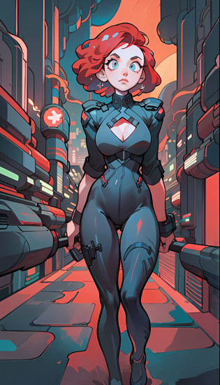 Black widow, short hair, pure black leather tights, pure red hair, looking down from above, full body, perspective composition, exaggerated composition, perfect composition, close up of face, perfect eyes, large perspective, dynamic composition, city in background, neon lights, night