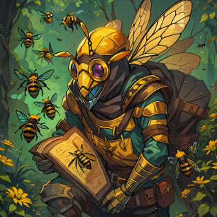 A bee man A villain for RPG inspired by a bee A man with the colors and elements, including wings of a wasp bee A villain who represents the essence of a bee He is in a hive with lots of magic and honey illustrating the image He wears glasses that symbolize the eyes of bees Colors of bees An art for RPG A character for RPG A villain Medieval RPG Art RPG fantasy RPG