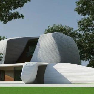 Realistic architectural rendering of a futuristic family home in the style of zaha hadid, with a pitched roof, the house is made of brick, with large windows, the entrance is is centrally located and marked by a porch with a flat roof, the building has 2 stories, the house is surrounded by a green lawn and white fences