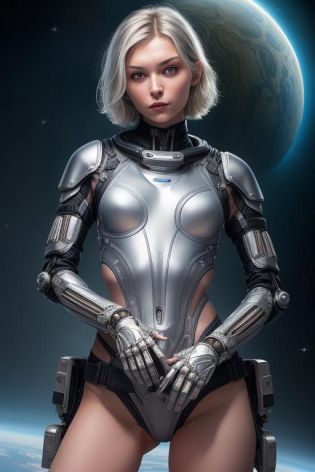 masterpiece, best quality, photorealistic, (Natasha  Petrenko), a  20 y.o.  skinny Russian woman in futuristic space armour suite, (biomechanical left arm), holding a gun in a right hand, (silver short hair:1.1),  (small breasts:1.1),(hairy pussy:1.2), (silver bra:1.1), (silver panties:1.1),  space station, Expressive Hues, Vibrant Palette, <lora:more_details:0.5>, intricate details,  <lora:ClothingAdjuster2:-0.7>