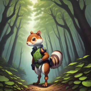cartoon book cover illustration of a cyborg squirrel standing in a forest, cute forest creature, official illustration, science fiction book illustration, manga book illustration, book illustration, book illustration, book illustration, anthropomorphic beaver, book illustration, history book illustration