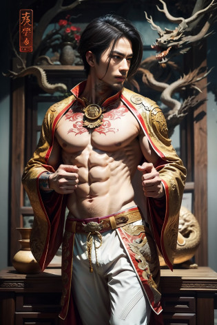 Handsome guy, 25 years old, Asian, master work, best picture quality, higher quality, high detail, super high resolution, (realistic: 1.4) 8k resolution, delicate facial features, boys, big muscles, tattoos, glowing eyes, short hair, gray hair, hair details, (full body: 0.6), detailed background , [[Look away, look to the side, emphasize homosexuality and pay attention to every detail , Open Hanfu transparent tulle jacket, naked chest, naked abs, white rubber pants, (crotch bulge), , Fa gong, Chinese kung fu, fingerless gloves, Wristbands, dragon themed costumes, monk robes, dynamic composition,,, wood, wood background, very much wood, wood around the body, dead wood, lots of branches background, Chinese wood carving, wood carving modeling crafts, holding wood carving magic vessels, night
