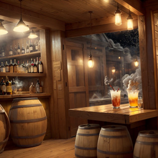 Movie scene decoration realistic old american bar smoke low light windows alcoholic beverage barrels gray yellow smoky winter nights