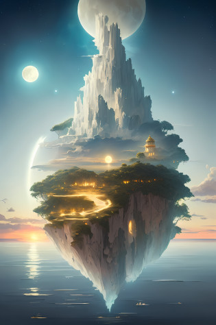 many plants around the island of flat relief floating in the sky, horizontal view of the island floating in the sky, ((((night))), (((landscape))), vibrant colors, volumetric lighting, ((two moons in the background)), high detail, 8k, hdr, uhd, professional design, island with golden palace in the center of it and white houses around, island floating in the sky, two moons together in the background of the island,  Island with flat relief, floating plain, waterfalls on the edge of the floating island in the sky, sunset, many clouds