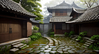 Chuva e chuva?outonal? Stone paths in wetlands?Old house in Jiangnan courtyard? An old tree with persimmon?(Caqui pendurado em galhos:1.1)?Huijiangnan style architectural courtyard?smoke and hazy rain?nevoeiro fino?encharcado?Senso de Idade?The backyard is the main shooting effect?Very obvious details?Efeitos de disparo HD?SLR Shooting Camera?