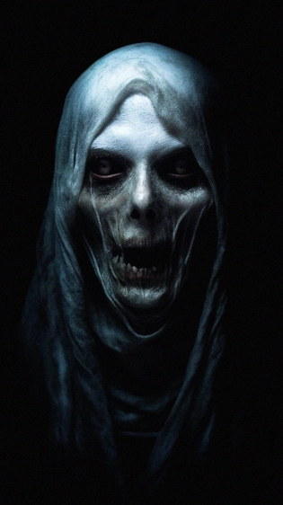 Scary cloaked female ghost with lifeless eyes, white pale skin, black background, close-up, horror, dark and haunting, hyperrealism, ultra-detailed, 8k --ar 9:16 --q 2 --s 750