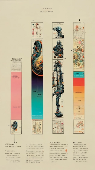 ancient scroll diagram, bold sh?ji, chart, schematics, infographic, scientific, measurements, abstract, surreal, collage, new media design, poster, colorful highlights, tarot card, glowing ruins, marginalia, 8k, extremely detailed, dark color palette::1 style of Katsuhiro Otomo + Masamune Shirow::0. 8 pantone, on black canvas, typography annotations::0. 3 --ar 3:5 --q 2