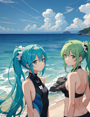 ((Masterpiece))),Superb Picture Quality,Ultra Detail,Ultra High Definition (((Masterpiece))),Superb Picture Quality,Ultra Detail,Ultra High Definition,Vacation,Cove Without People,Sound of Waves,Blue Sky,Smile,Two Shot,Twins,Sister,Sisters,(1 Girl),Sister,Ponytail,Green Hair,Competitive Swimsuit,(2 girls),Sister,Twin Tails,Green hair,Competitive swimsuit,Summer, Beautiful sky, Thin outline, Light reflection, Pair, It emphasizes the exquisite beauty of a beautiful girl. Watch the best quality