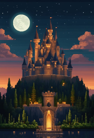 Pixel art of a castle with towers being built, in the background a full moon on a clear night that fills the entire scene with a bluish tone, beautiful detailed pixel art, detailed pixel art, lo-fi retro video game, pixel art concept, detailed pixel art, pixel art style, pixel city, pixel art animation, high-quality pixel art, #pixelart:3, #pixelart, #pixelart
